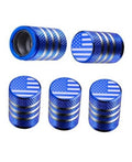 Set of five blue, ribbed tire valve stem cap covers with American flag circular tops