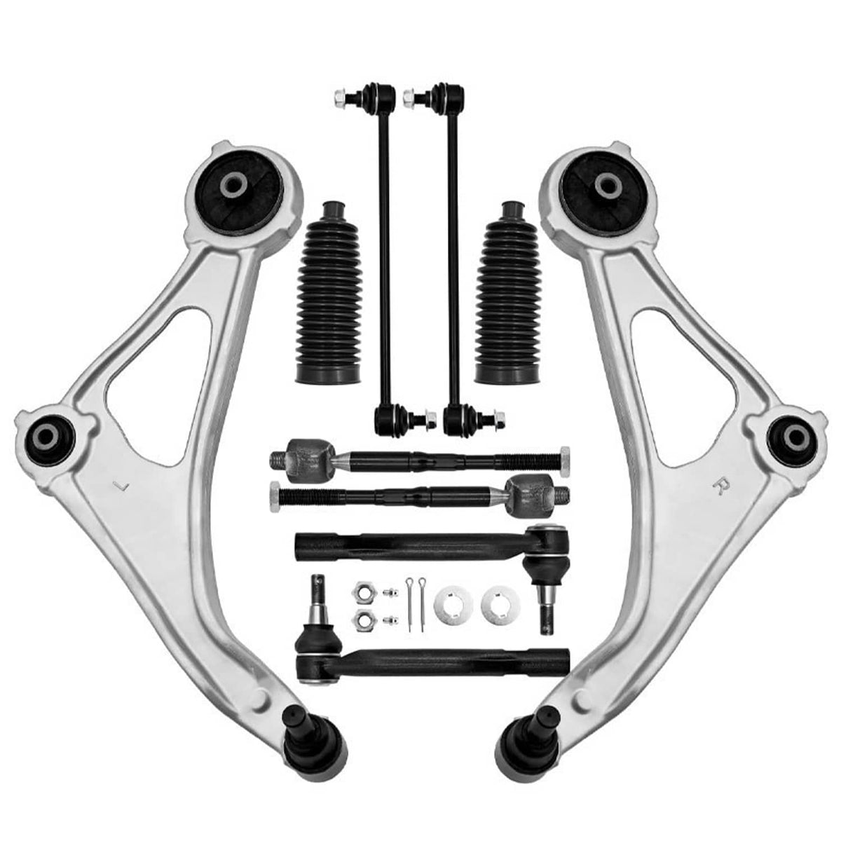 Front suspension control arm and tie rod kit with bushings, boots, and mounting hardware
