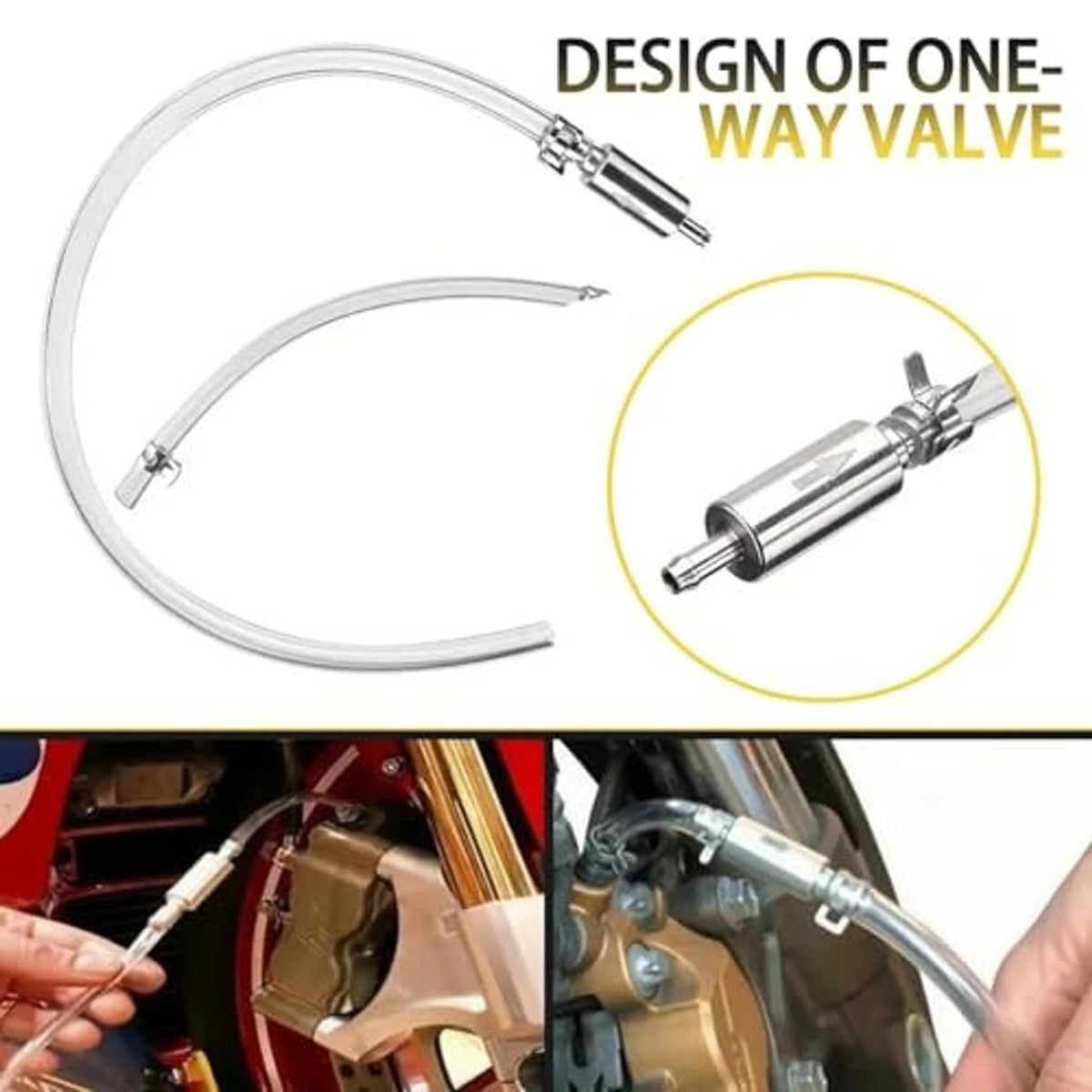 Brake bleeder hose kit with one-way valve design, clear hoses, and metal clamp fittings