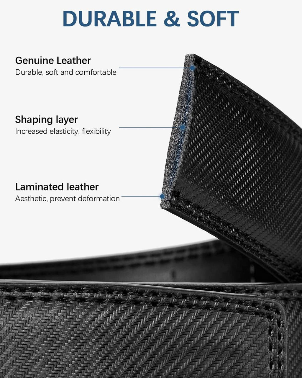 Black genuine leather ratchet belt with stitched edge and textured surface