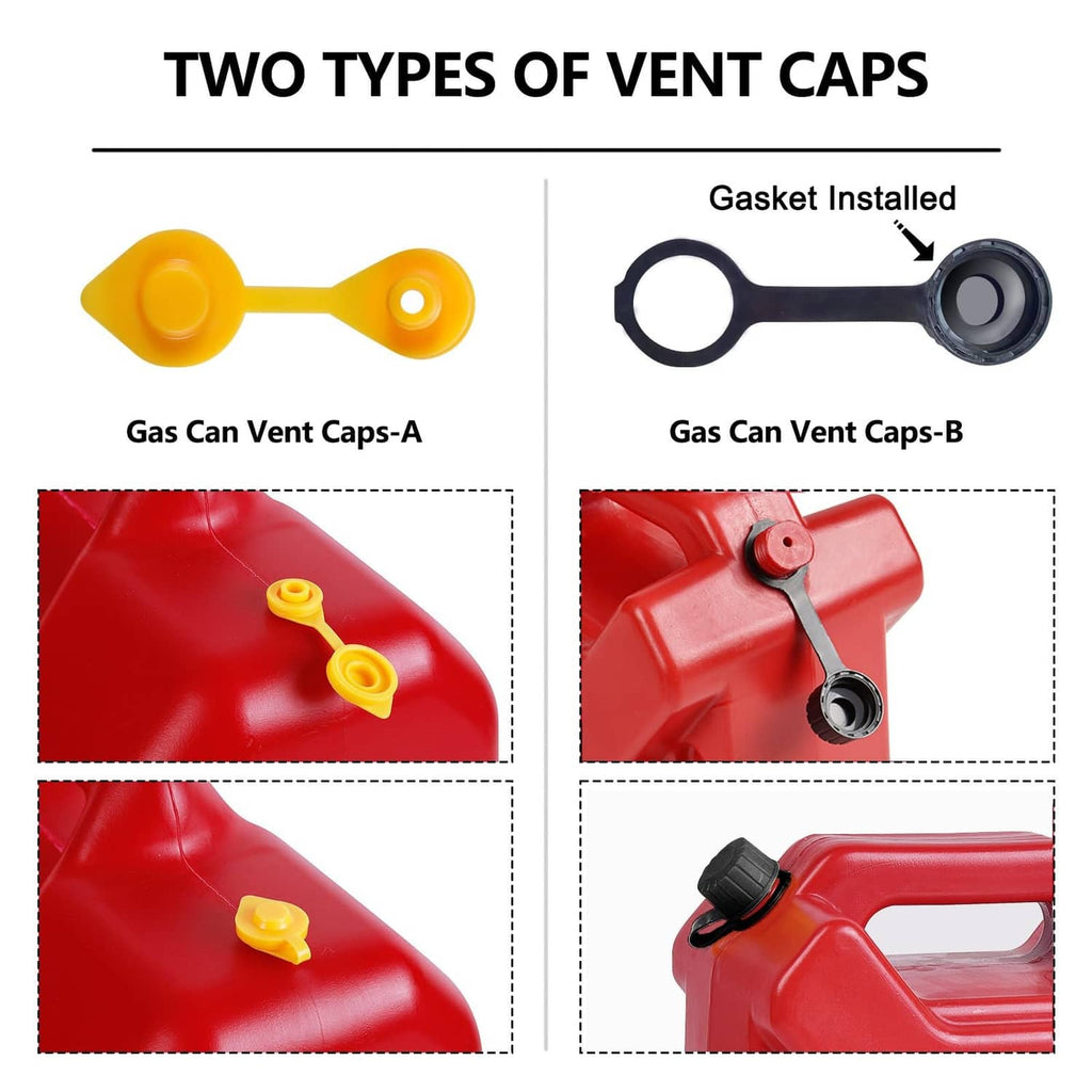 Two vent cap types: yellow cap with loop and black cap with gasket seal