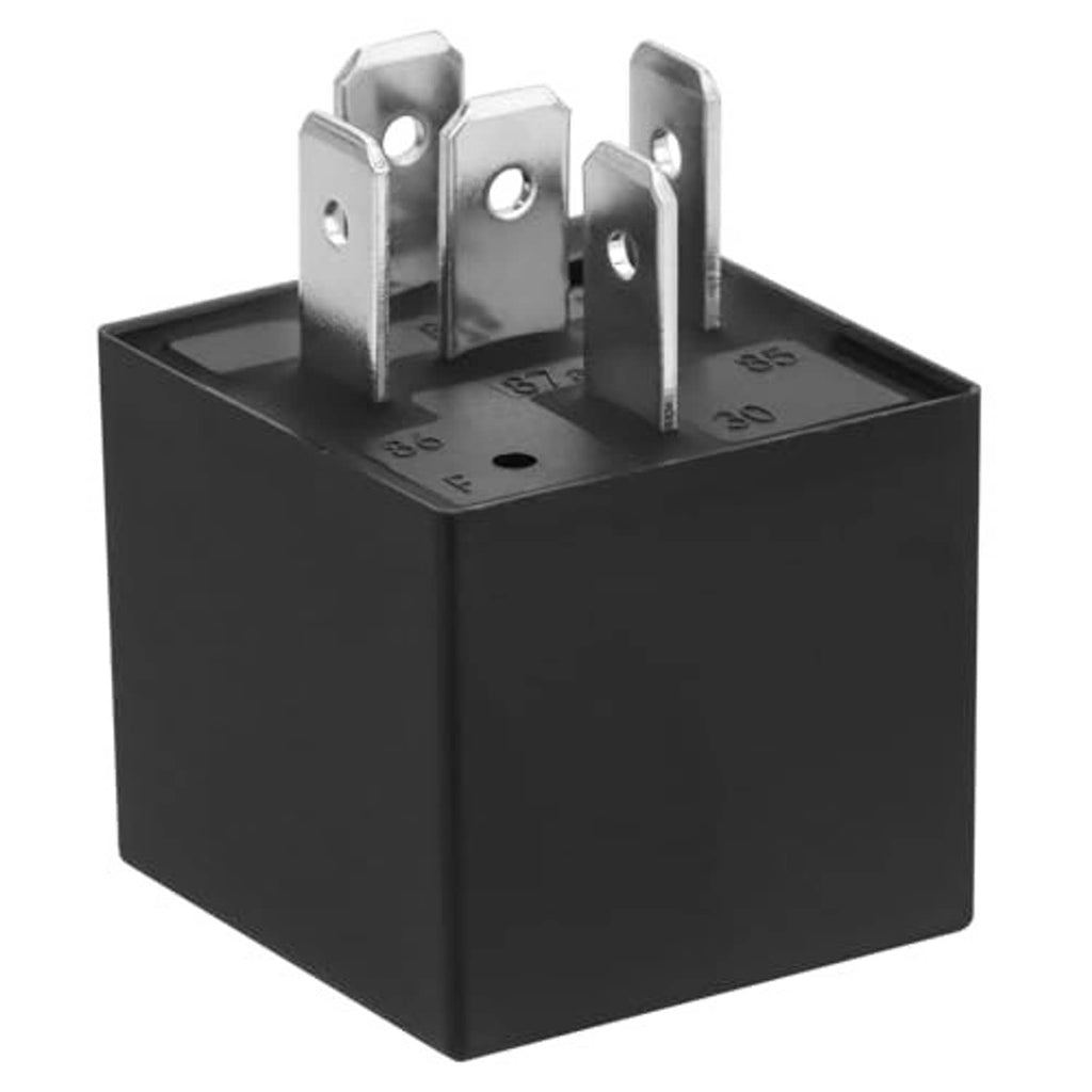 Automotive relay showing black base and metal mounting tabs with three electrical contacts