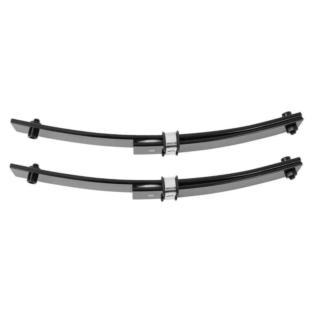 Black curved leaf spring pair with central clamp and side mounting posts