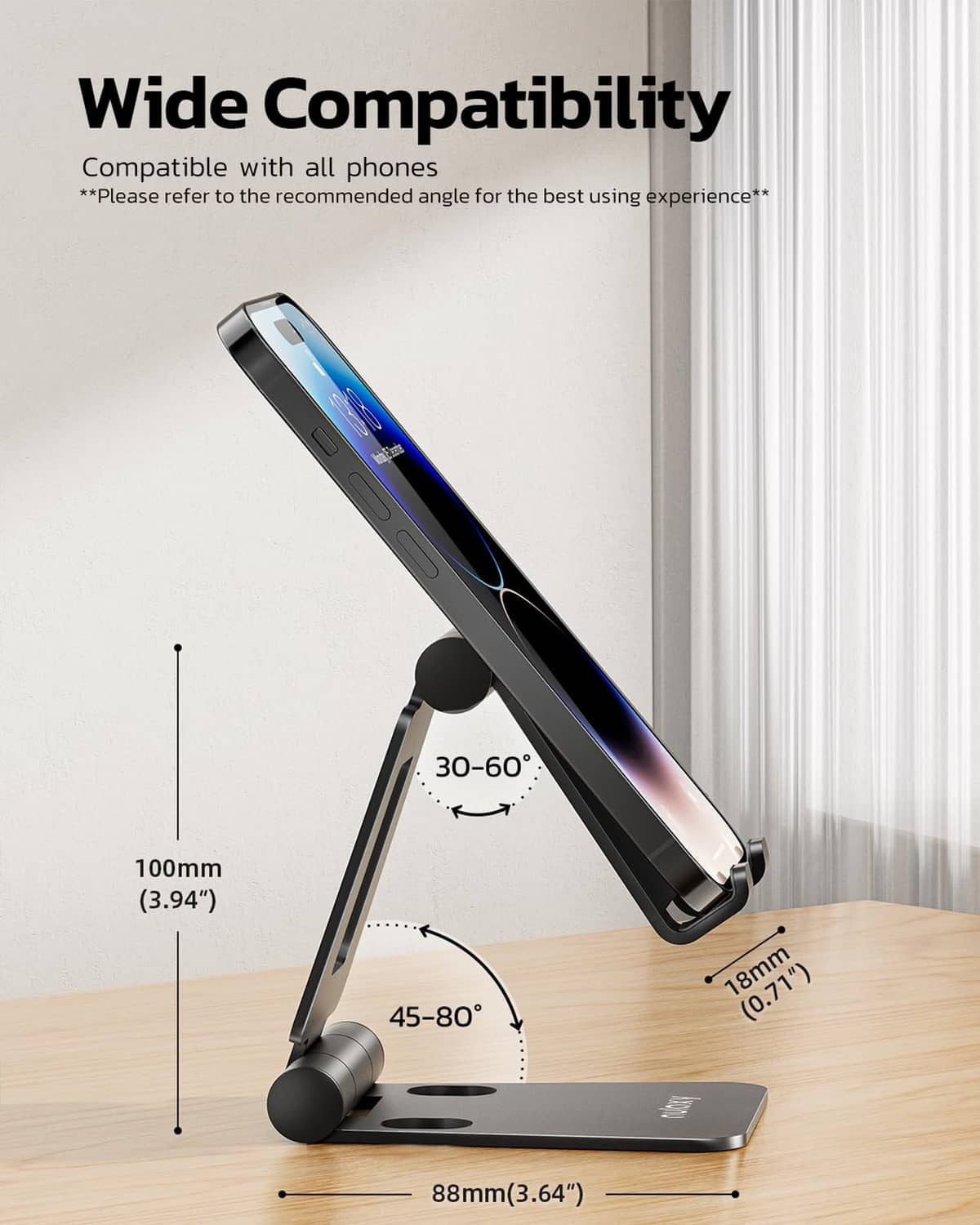 Black adjustable phone stand with tilted cradle and weighted folding legs