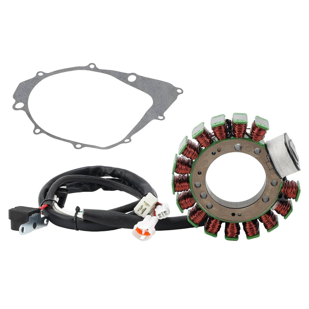 Stator and gasket set with stator coil ring, wiring harness, and engine cover gasket