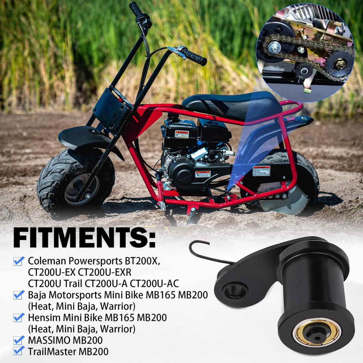 Chain tensioner roller replacement with spring, shown on mini bike