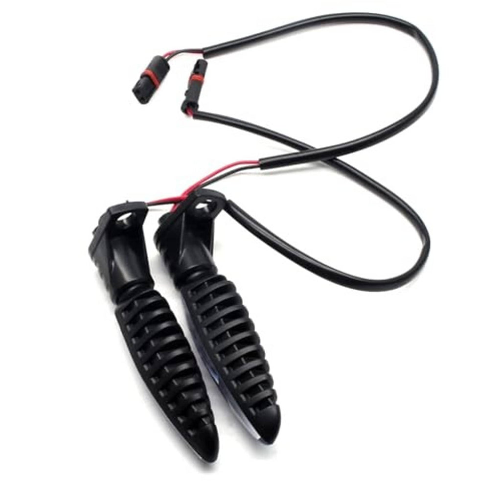 Pair of motorcycle front turn signal lights with black housings, clear LED lenses, wire leads