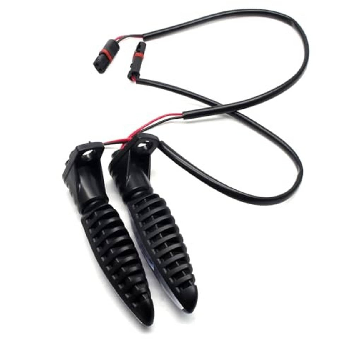 Pair of motorcycle front turn signal lights with black housings, clear LED lenses, wire leads