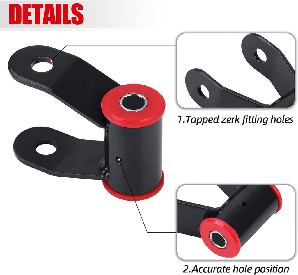 Rear lift shackle with black arm and red bushing, showing zerk fitting hole