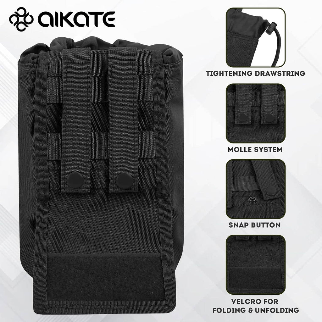 Black MOLLE dump pouch with webbing panels, drawstring top, and snap closure details