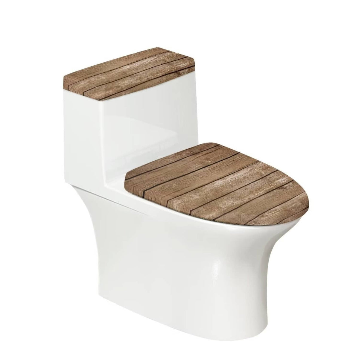 Toilet tank and seat lid cover set with brown wood-look panels on white toilet