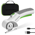Cordless electric scissors with carrying case, white body and green handle.