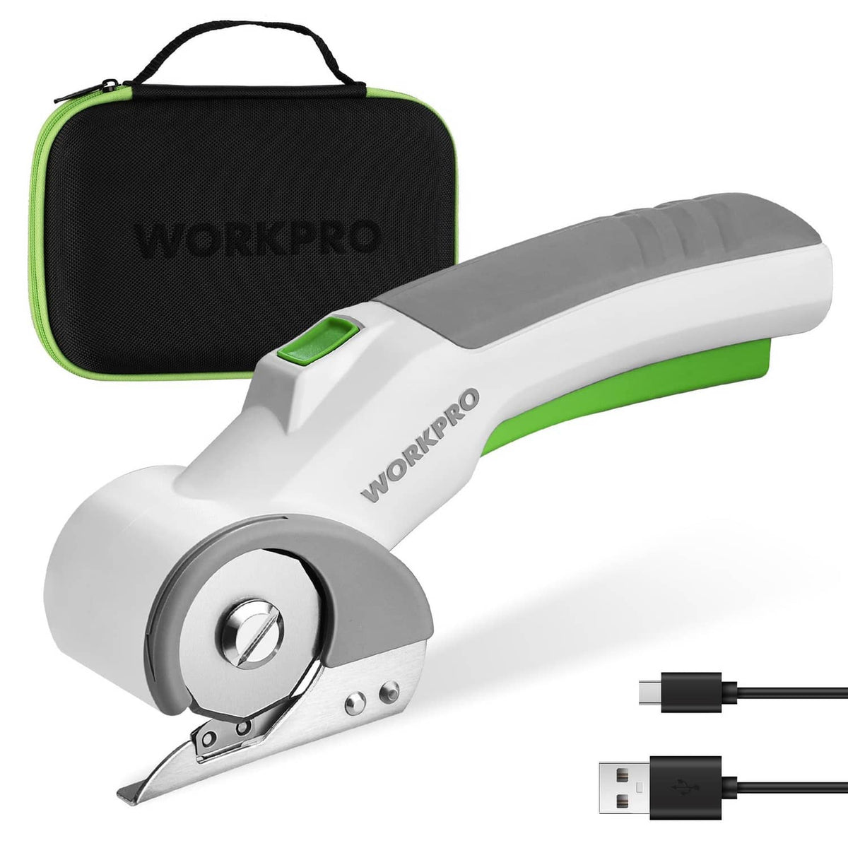 Cordless electric scissors with carrying case, white body and green handle.