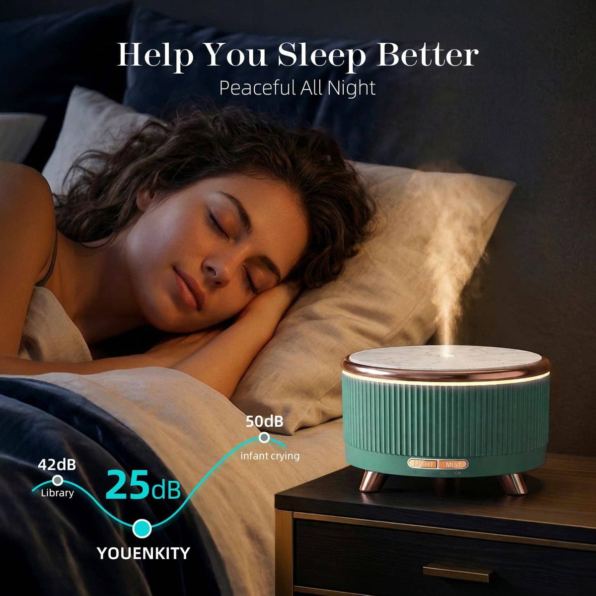 Emerald aqua diffuser on a nightstand with mist vent and copper-trimmed base