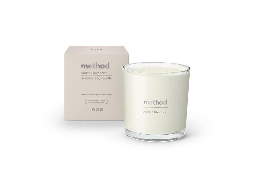 Method soy candle in glass jar with violet + lavender label, 2 wicks
