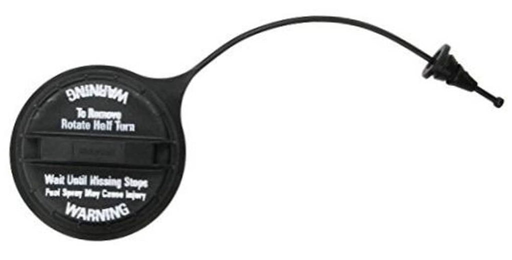 Motorcraft fuel cap with tether line and warning text on black round cover