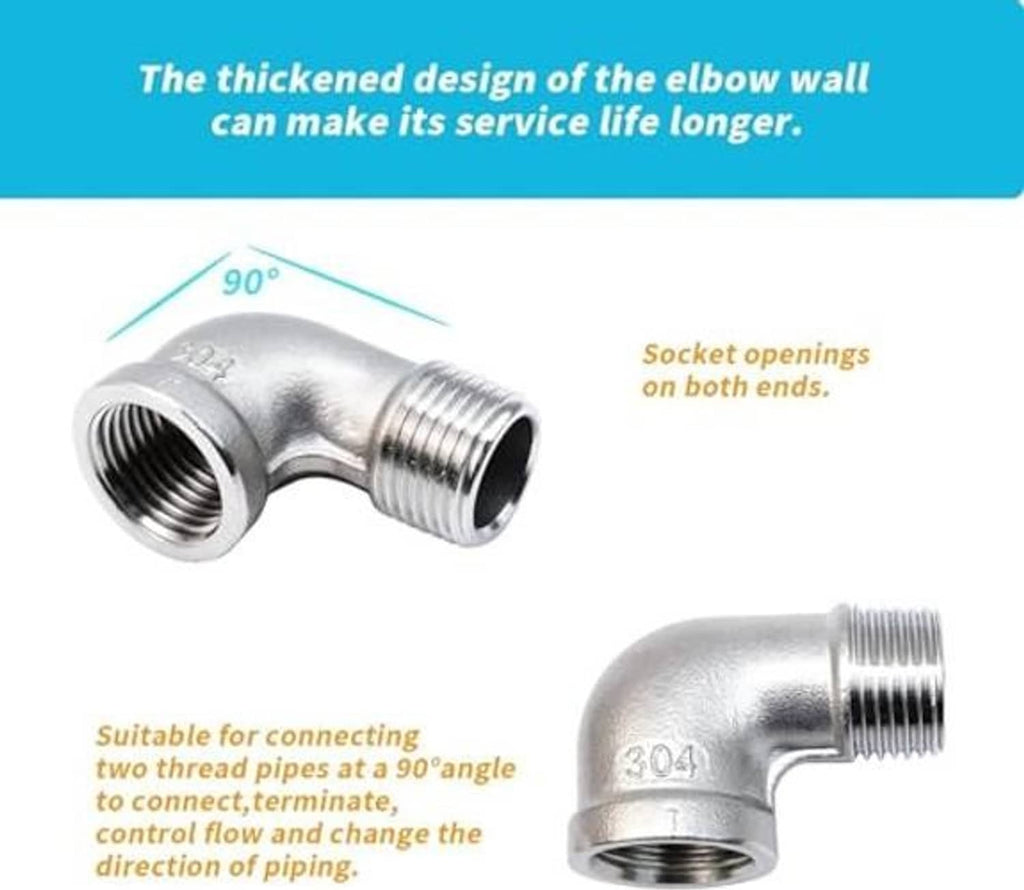Stainless steel 90-degree elbow pipe fitting with threaded socket openings on both ends