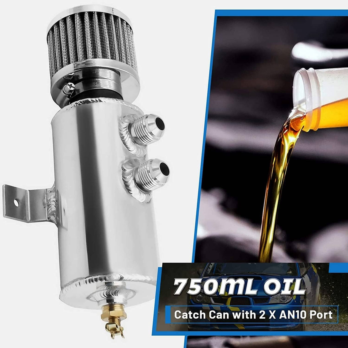 Aluminum oil catch can with breather filter, two threaded ports, and drain outlet