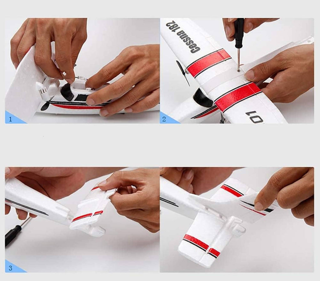 Hands assembling a white and red RC airplane, attaching pieces to the fuselage