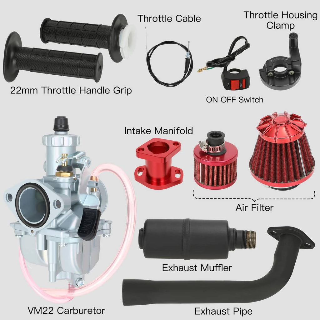 VM22 carburetor with intake manifold, red air filter, throttle grips, and exhaust muffler