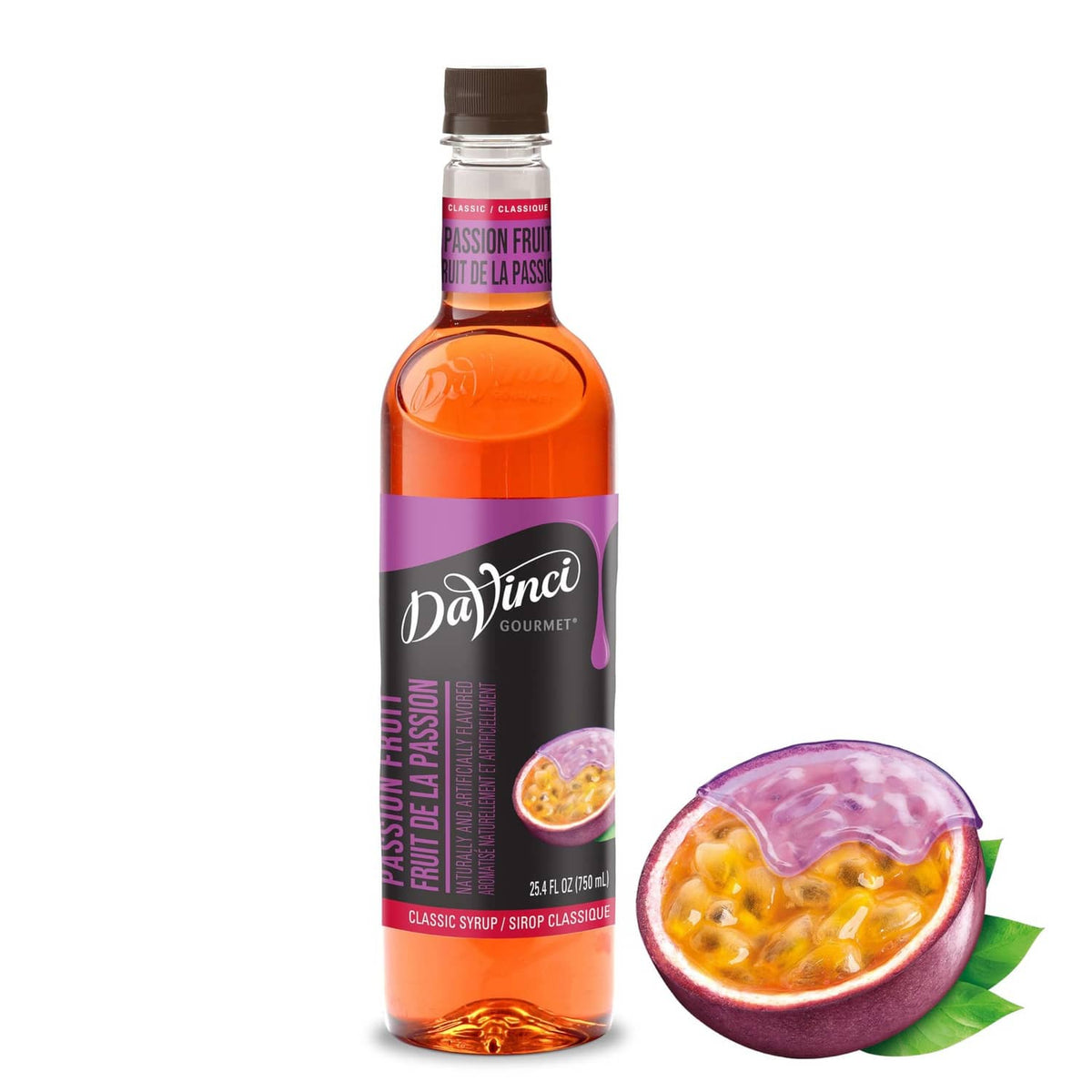 DaVinci Gourmet passion fruit syrup bottle with cap and clear orange liquid