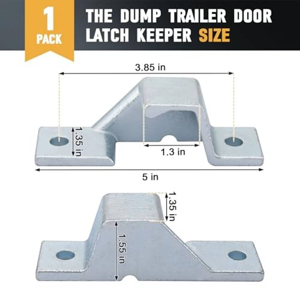 Metal dump trailer door latch keeper bracket with two mounting tabs and bolt holes