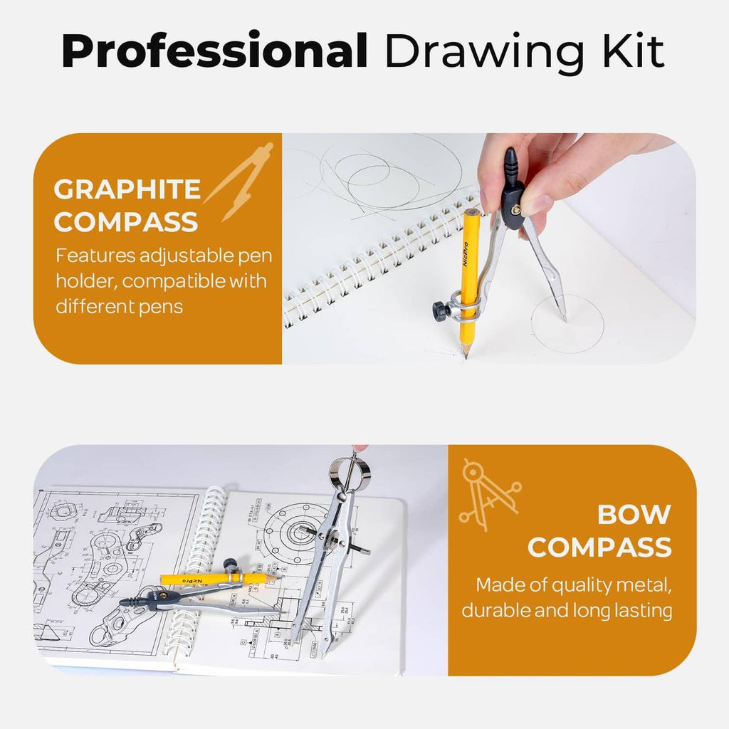 Adjustable graphite compass pen holder and bow compass for drawing, shown in use