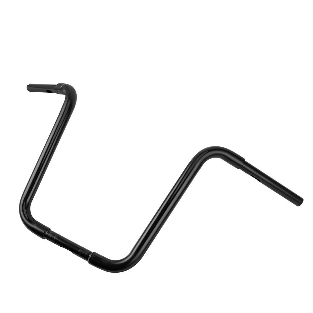 Black ape hanger handlebar with upward ends and angled center bar, Harley fit.
