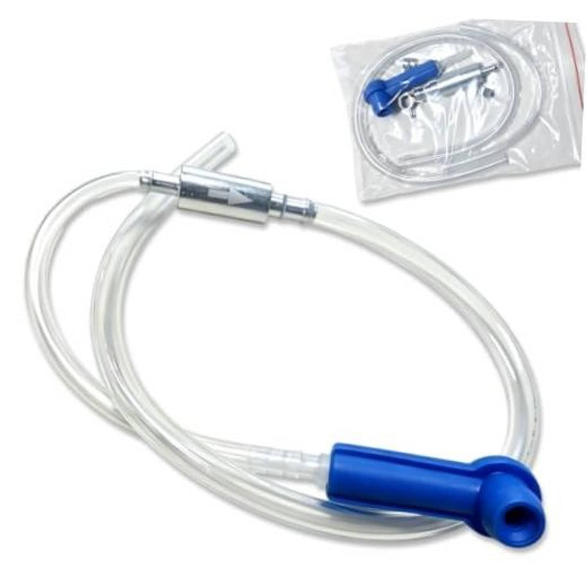 Universal brake bleeder kit: clear hose with blue one-way check valve and metal adapter