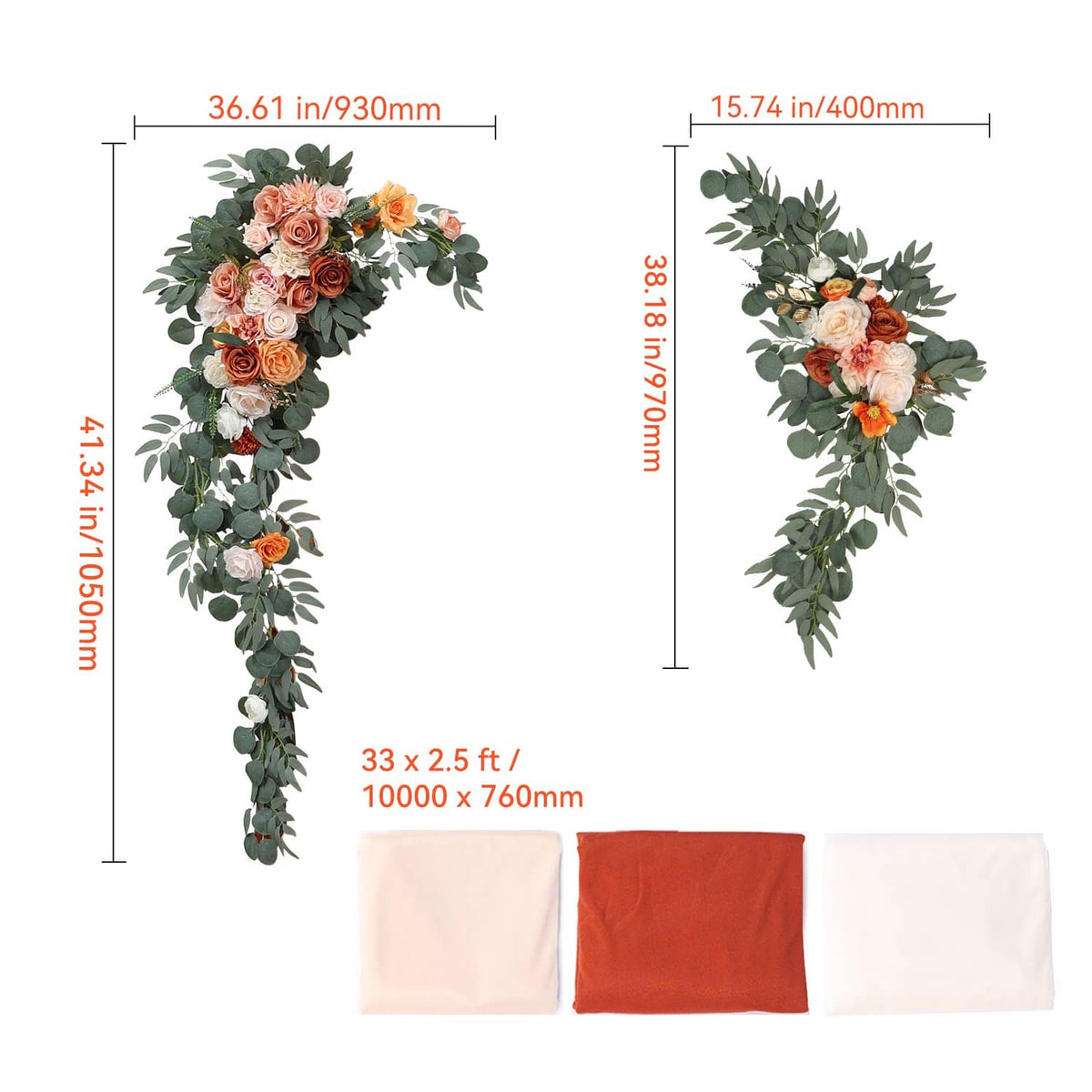Size diagram of artificial wedding arch flower corners with orange and pink blooms