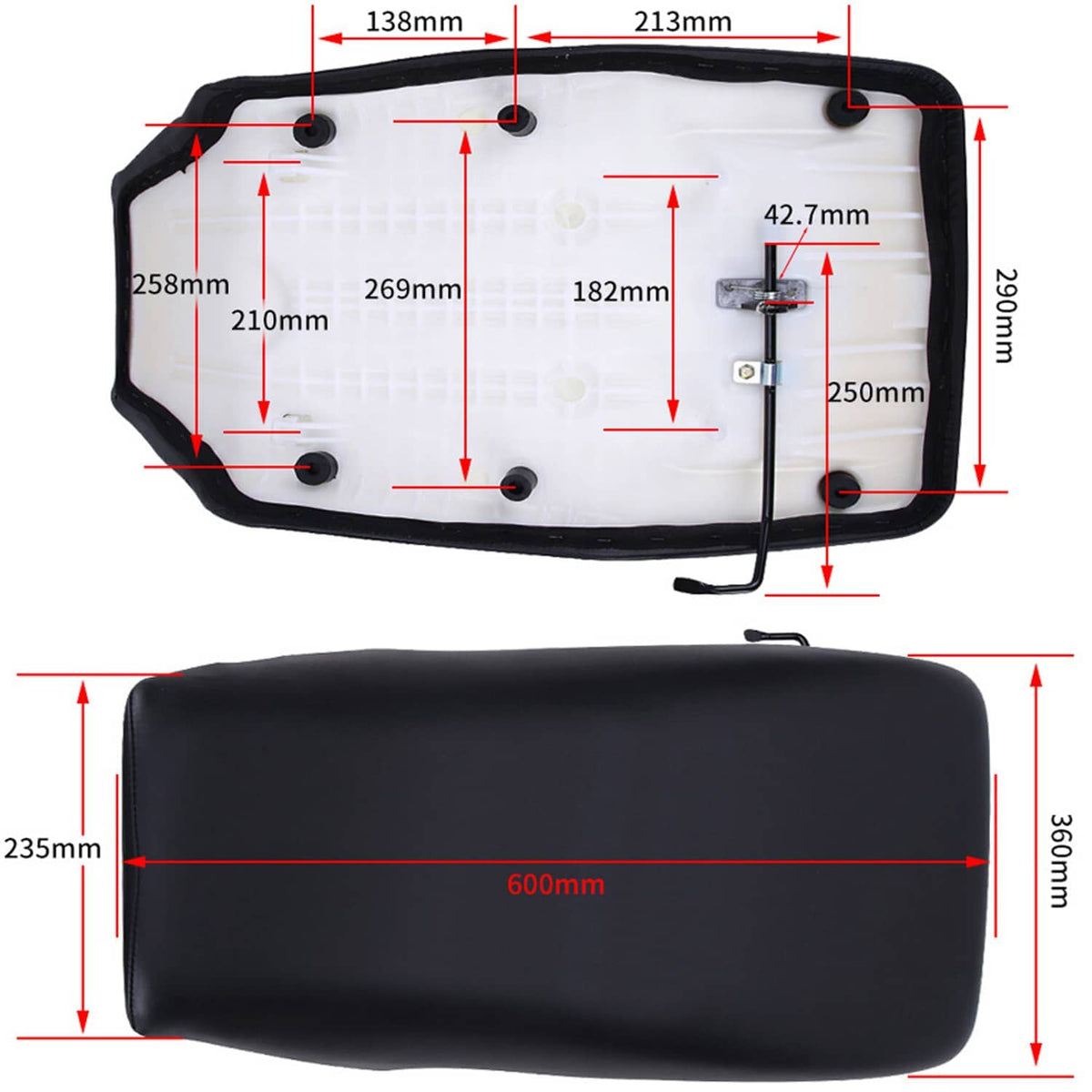 Black ATV seat underside view with mounting posts and foam cushion