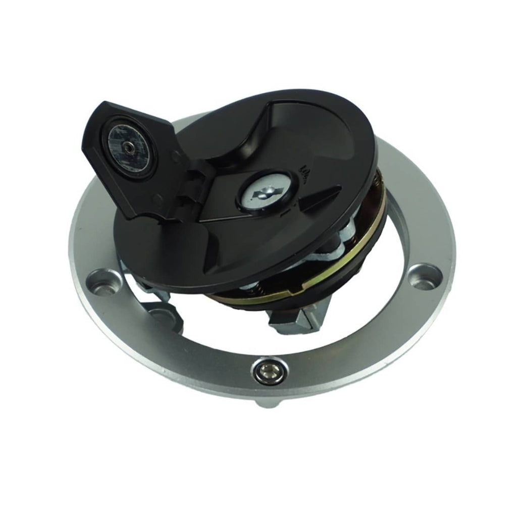 Fuel tank gas cap lock, black lever and cylinder on round silver base