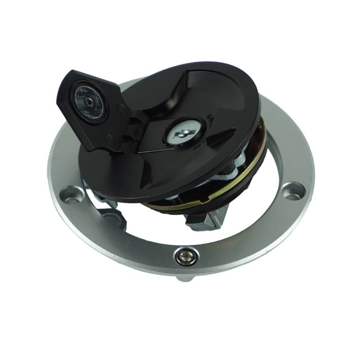 Fuel tank gas cap lock, black lever and cylinder on round silver base