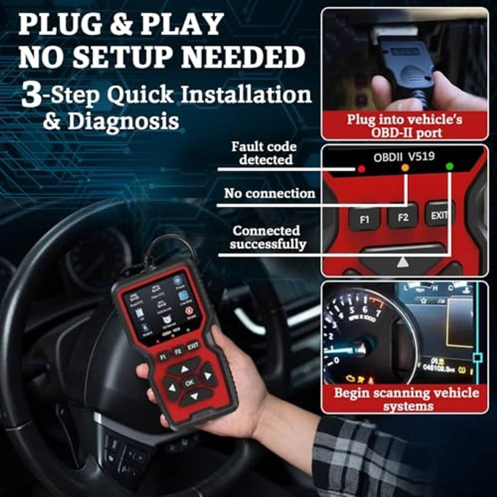 OBD2 scanner held in hand near steering wheel, red device with control buttons