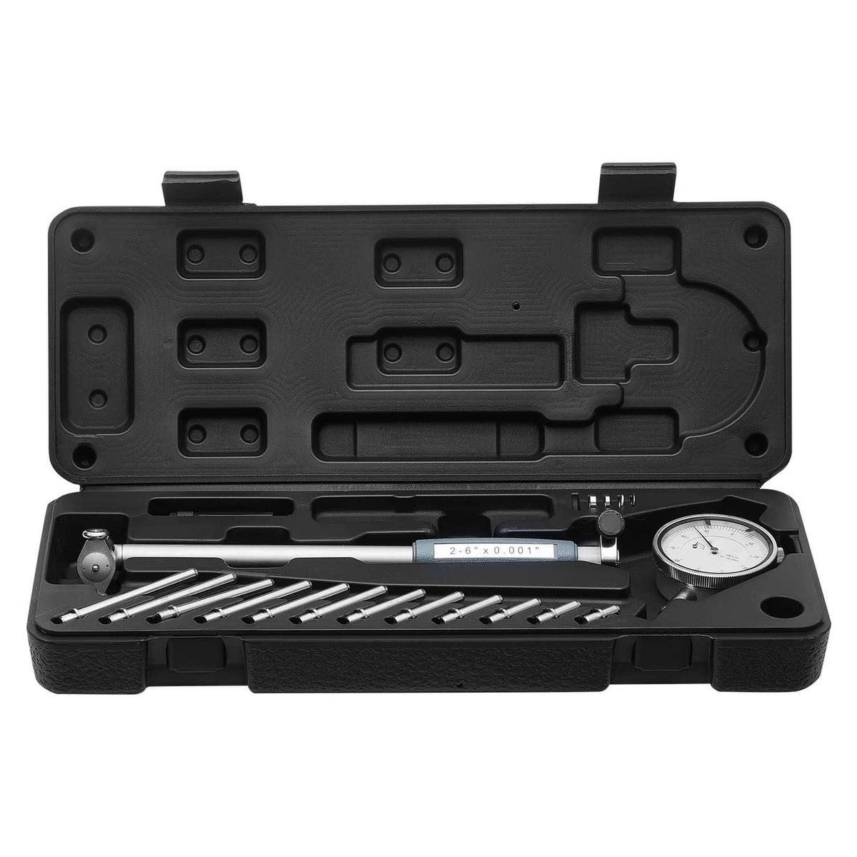 Dial test indicator bore gauge set in black storage case with gauge and rods