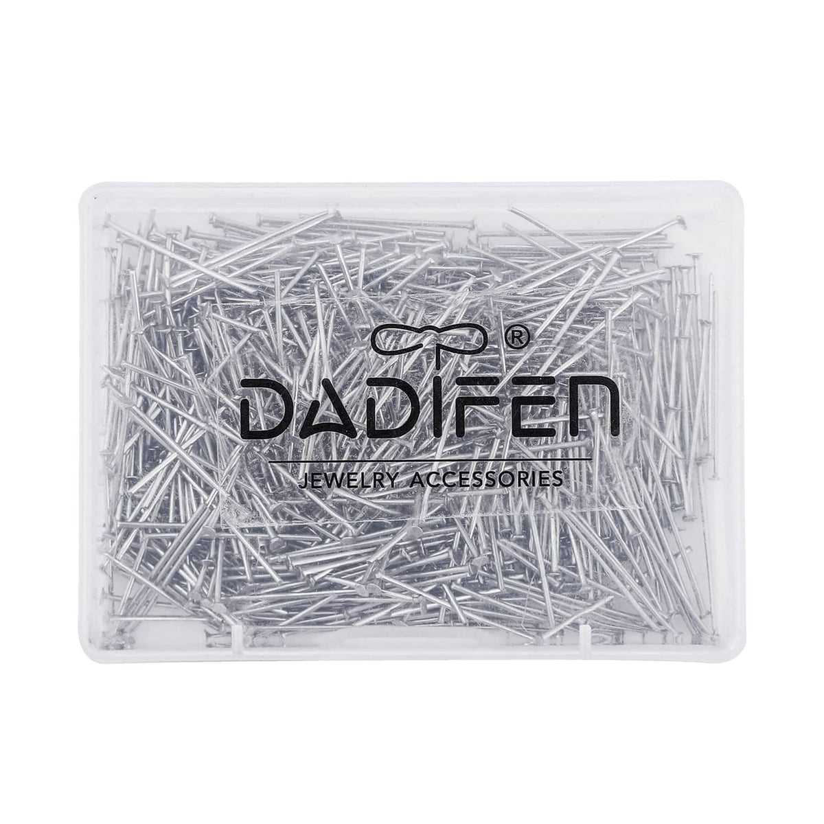 Clear container filled with silver 304 stainless-steel head pins, flat ends