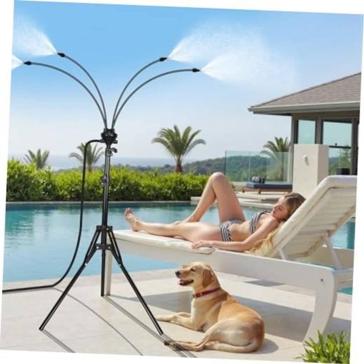 Outdoor standing misting system with black tripod and dual spray nozzles