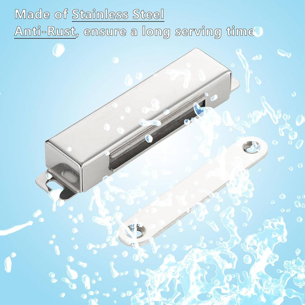 Stainless steel magnetic door catch with strike plate and mounting eyelets