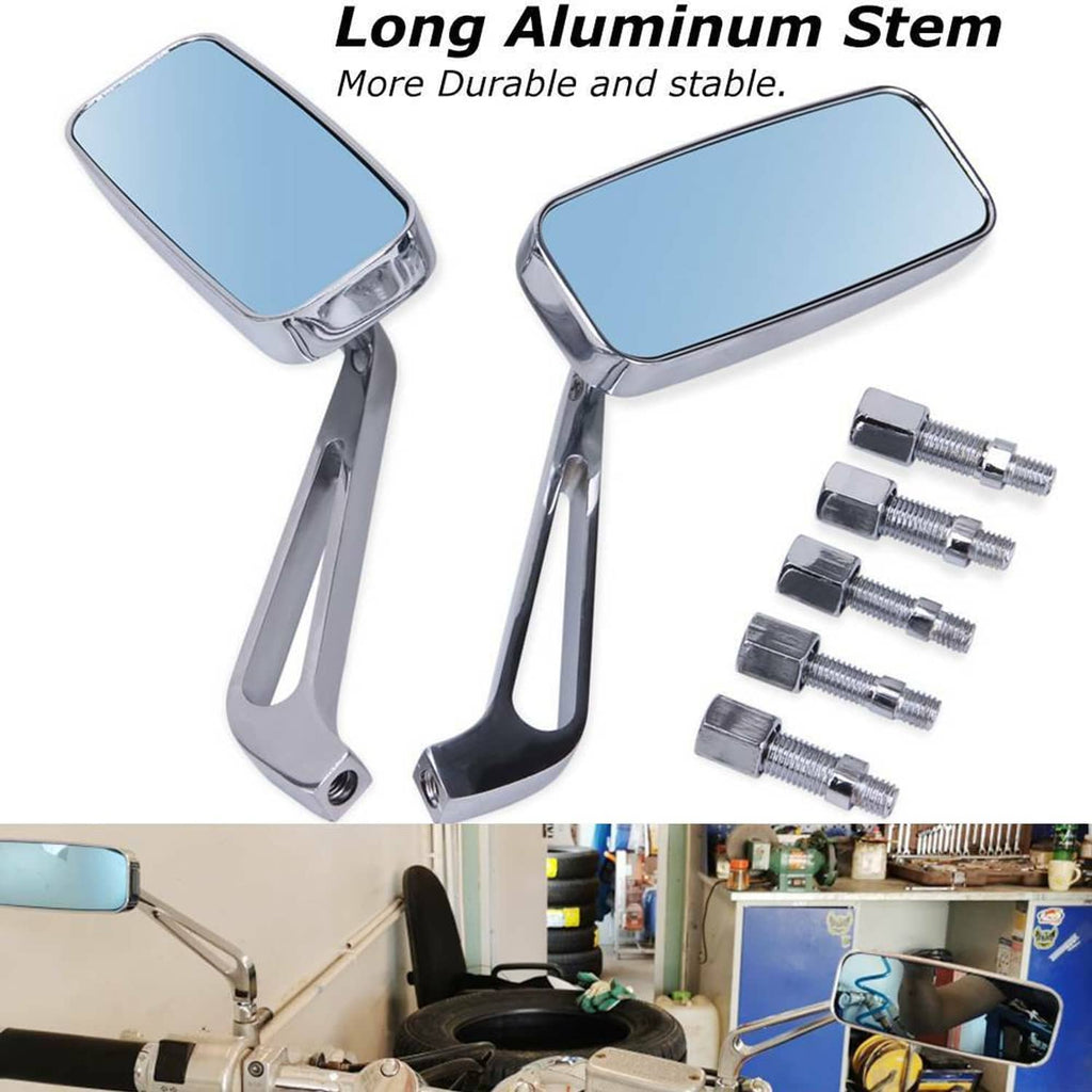 Chrome rectangle motorcycle rear-view mirrors with long stems and blue tinted glass