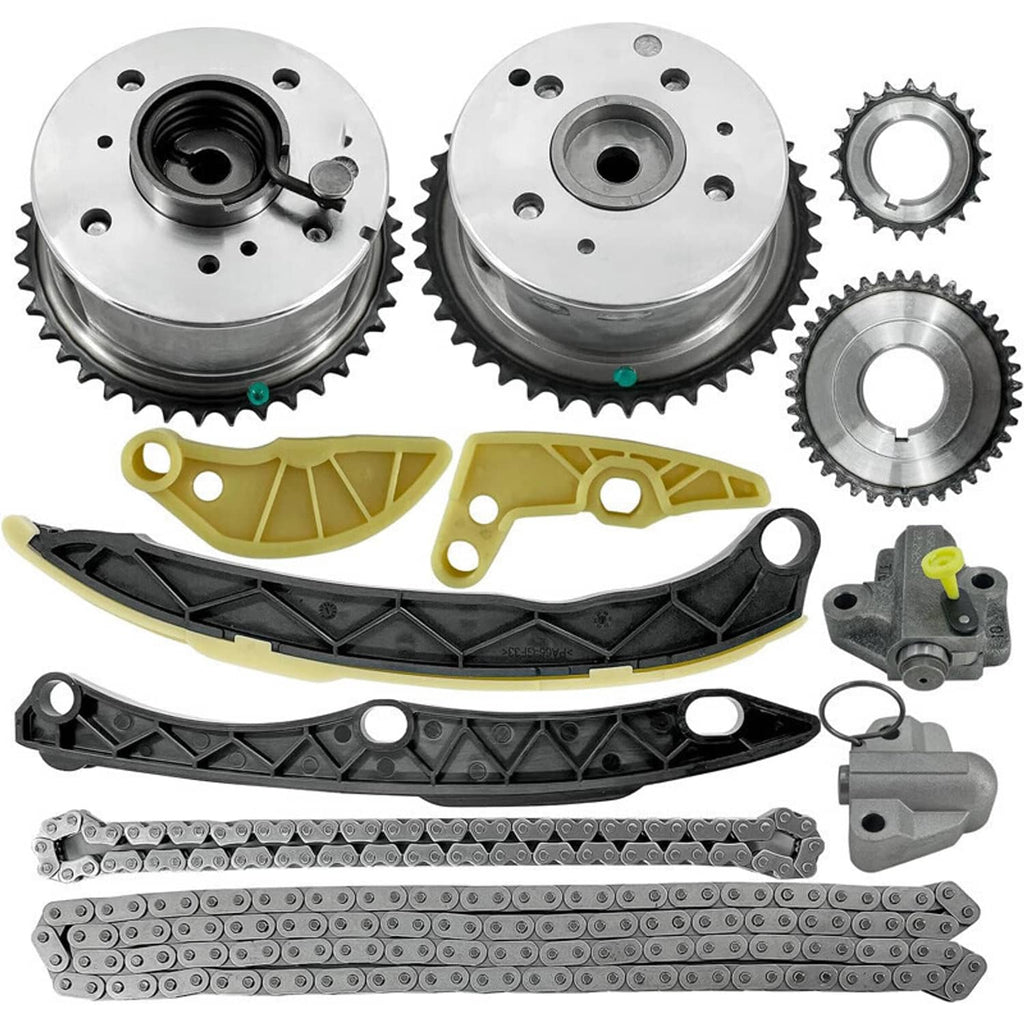 Timing chain kit with cam gears, chain links, black guide rails, yellow guide piece, tensioner