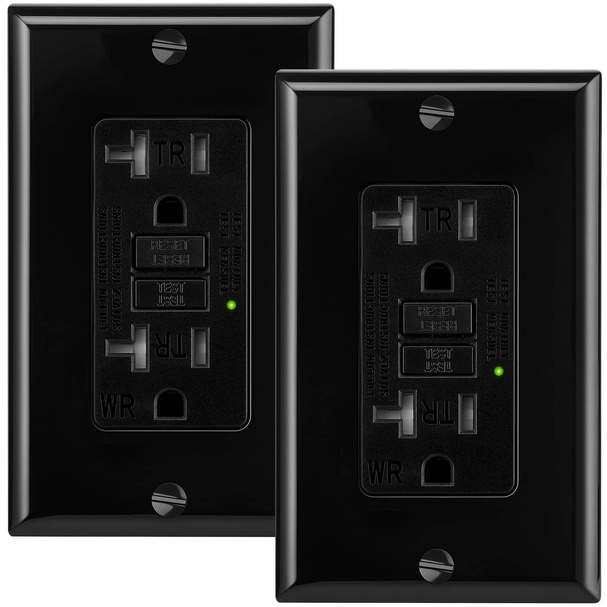 Black 20A GFCI outlet faceplate, self-test and reset buttons, 2-pack
