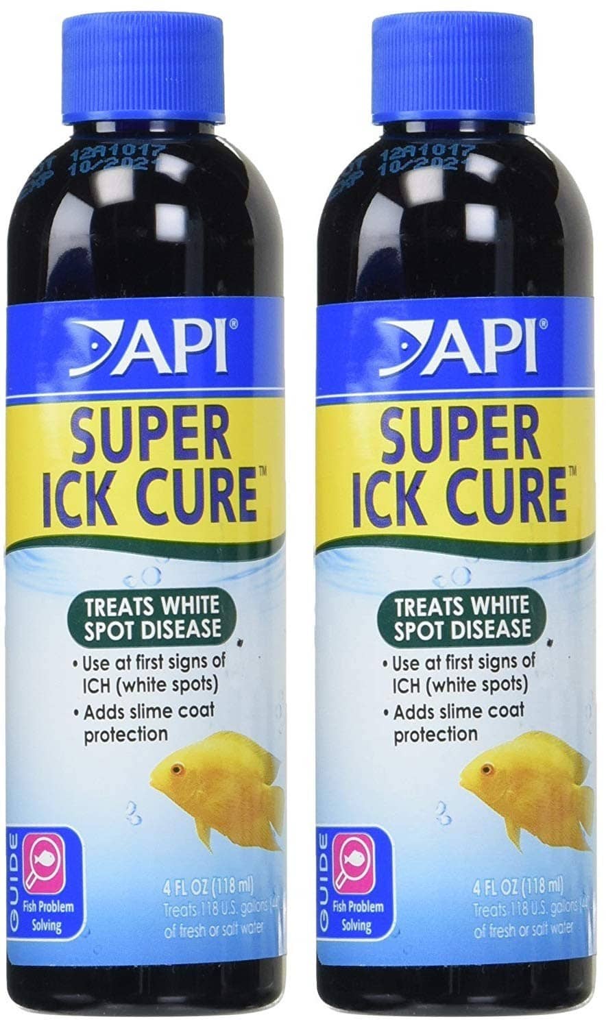 Liquid ick cure bottle with blue cap, dark bottle, front label in blue and yellow.