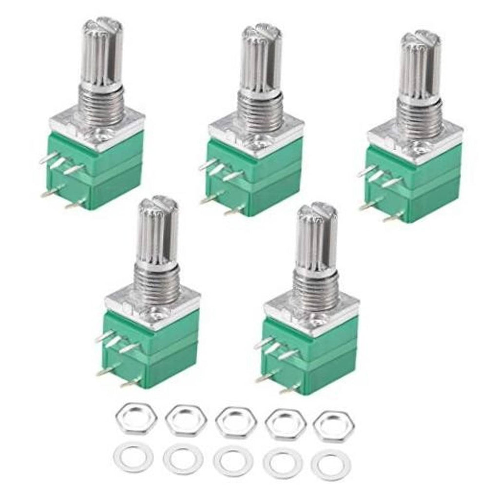 Set of green single-turn rotary potentiometers with metal shaft and switch tabs