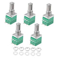 Set of green single-turn rotary potentiometers with metal shaft and switch tabs