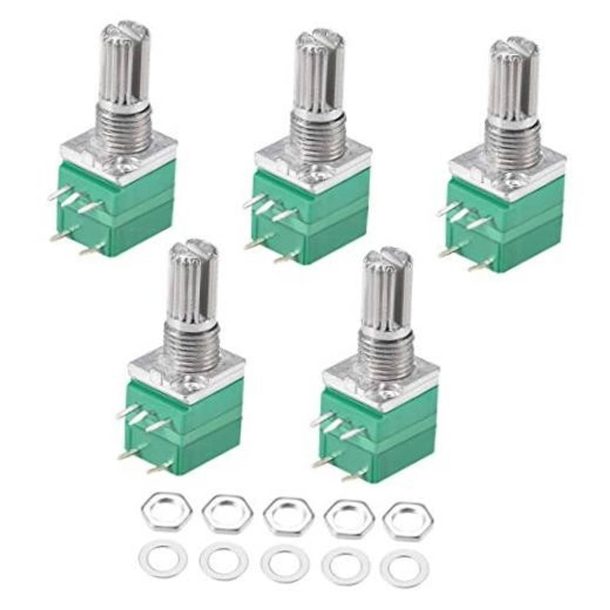 Set of green single-turn rotary potentiometers with metal shaft and switch tabs