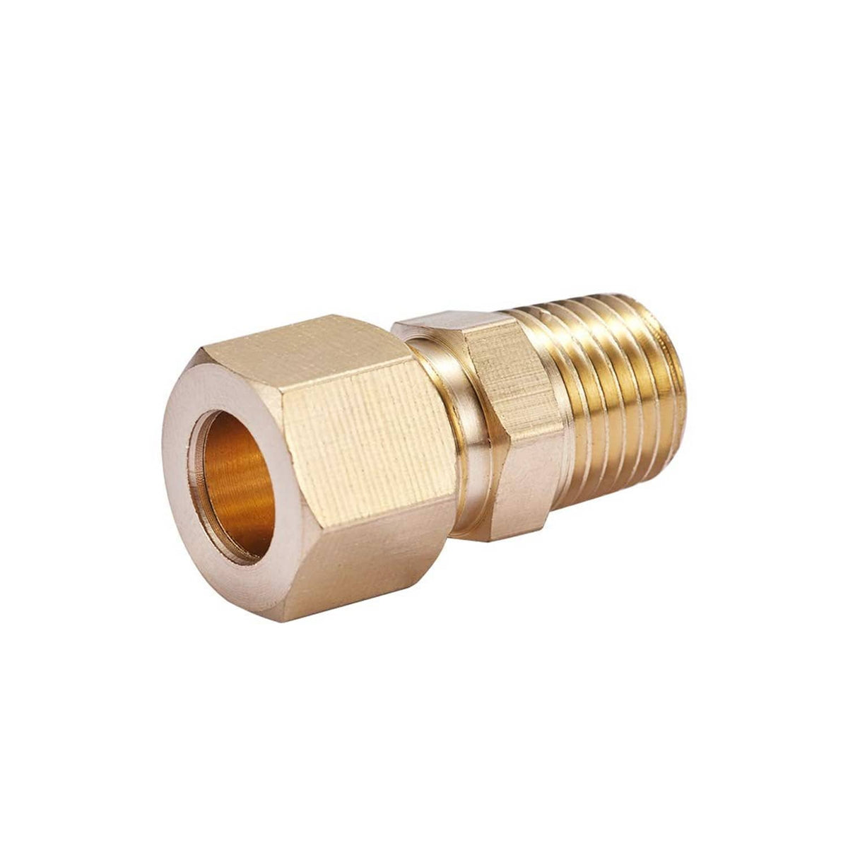 Brass compression tube fitting with hex nut body, internal bore, and male NPT threads