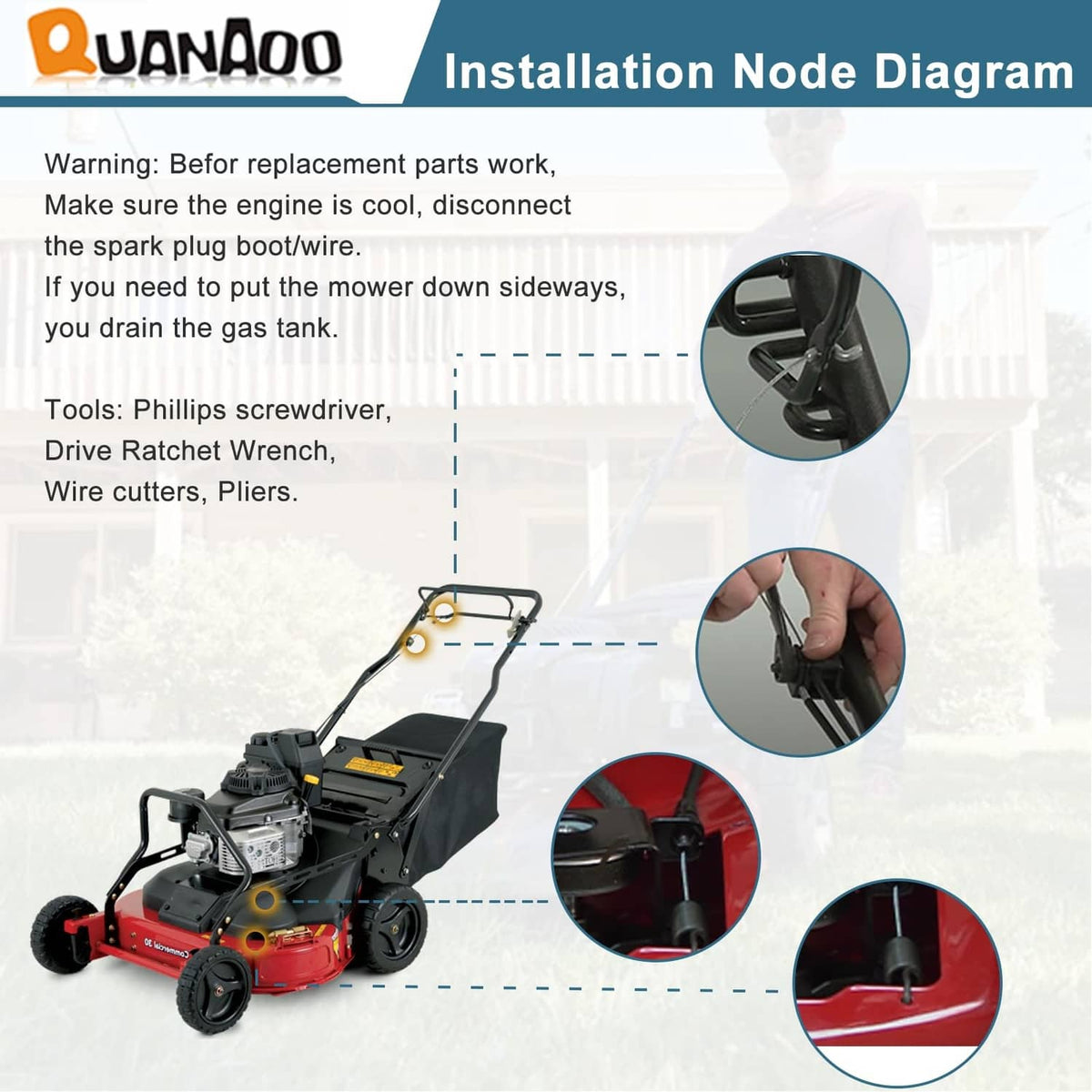 Traction cable installation diagram showing mower connection and spring cable
