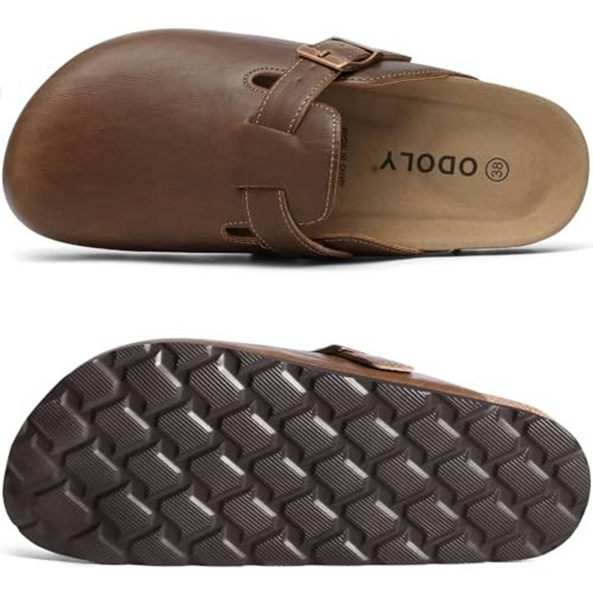 Mocha slip-on clog with buckle strap and textured rubber outsole view