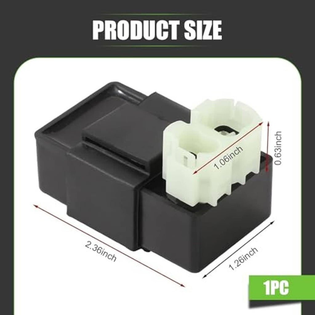 Black CDI ignition box with white connector plug and product size outline