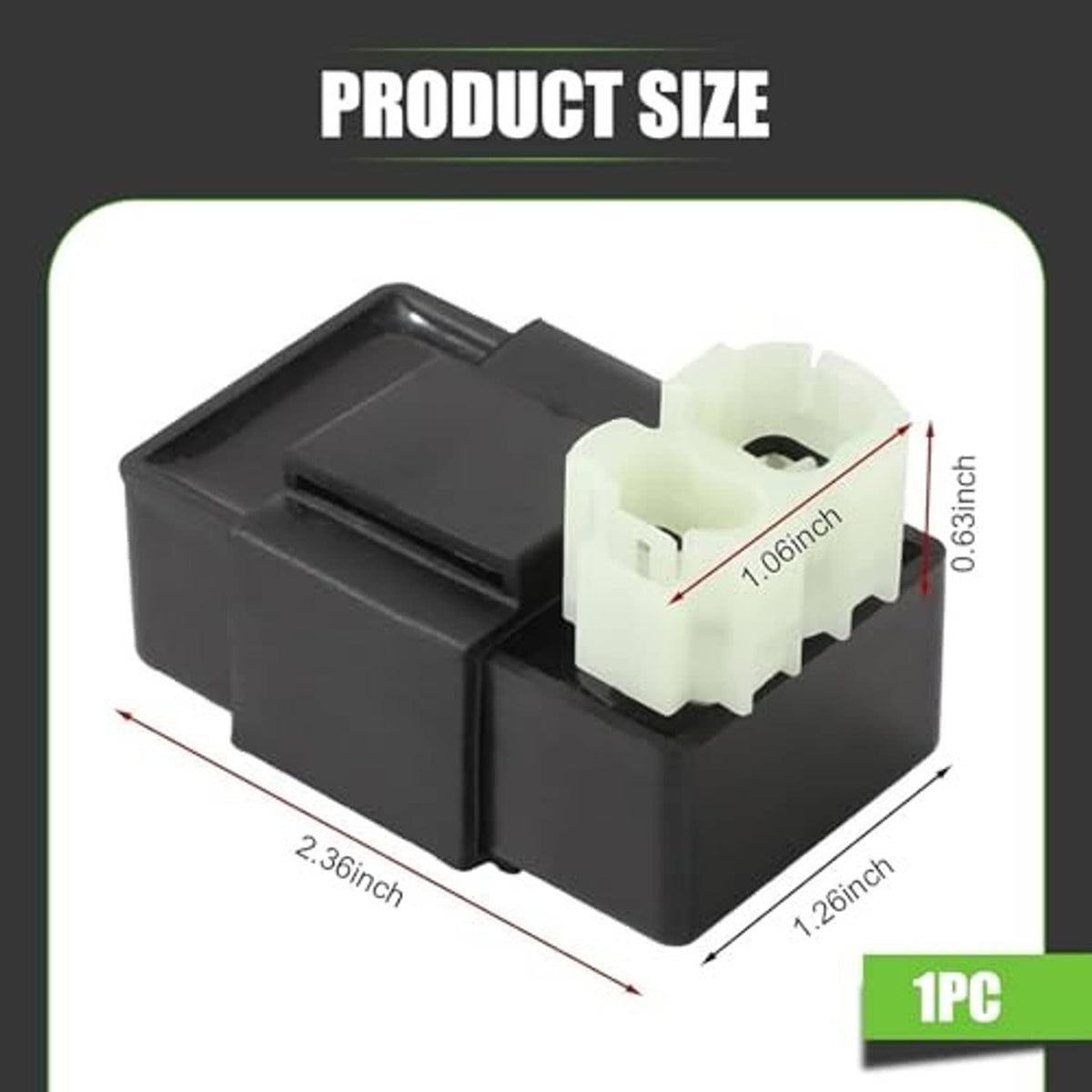 Black CDI ignition box with white connector plug and product size outline